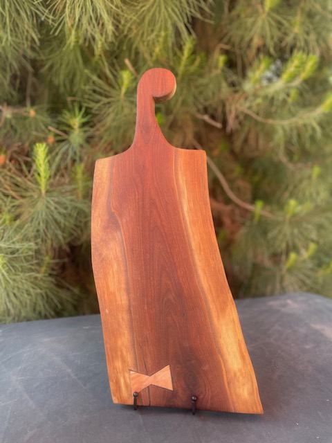 Blk walnut charcuterie, maple butterfly, monkey paw handle